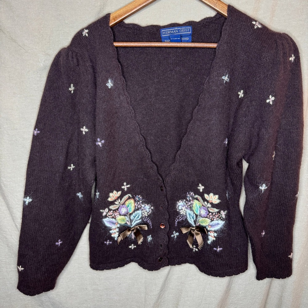 Vintage Brown Lambswool Angora Hand Embroidered Cardigan M CottageCore Grandma